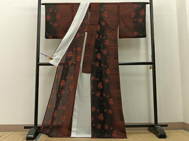 平和屋着物*夏物 小紋 紗 葡萄蔦の葉文 黒地 洗える着物 BAAX6897hj