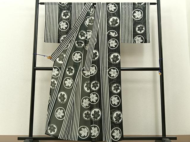 平和屋着物*夏物 小紋 絽 花丸文 黒地 洗える着物 BAAX6904hj