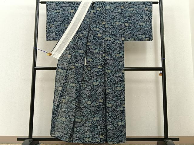平和屋着物*夏物 紗紬 草花文 濃紺地 正絹 逸品 BAAX6910hj