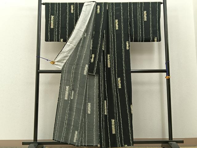 平和屋着物*夏物 小紋 絽 型染め 短冊草花文 黒地 正絹 逸品 BAAX6913hj