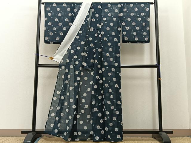 平和屋着物*夏物 小紋 紗 型染め 雪輪花文 洗える着物 BAAX6952hj