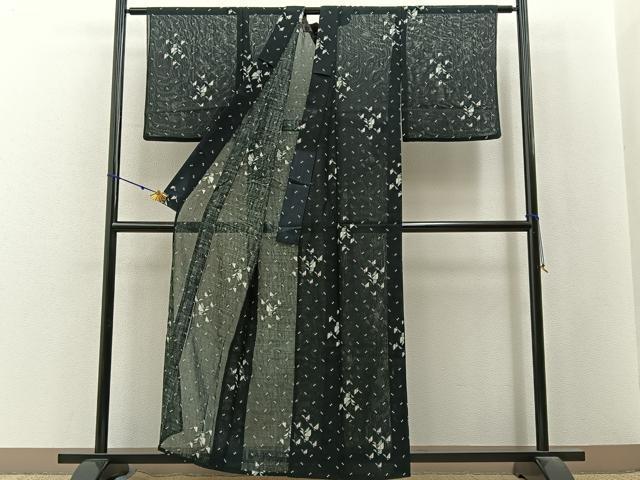 平和屋着物*夏物 小紋 紗 舞蝶文 黒地 洗える着物 BAAX6989hj