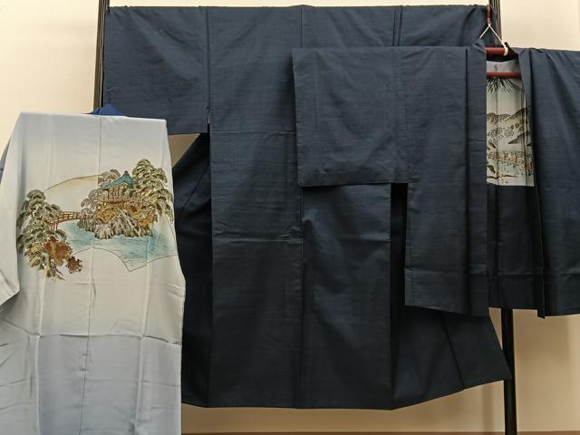 平和屋着物●男性 本場大島紬 アンサンブル 長襦袢(袷)セット 100亀甲 総詰め 羽裏:富士 正絹 逸品 BAAX6996hj