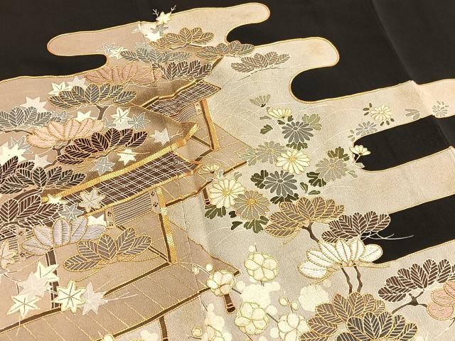 平和屋着物■豪華黒留袖 駒刺繍 エ霞風景文 正絹 逸品 未使用 BAAX7005hv