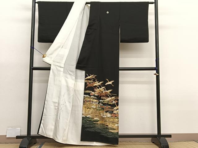 平和屋着物■豪華黒留袖 駒刺繍 立波飛鶴文 金彩 正絹 逸品 BAAX7011hv