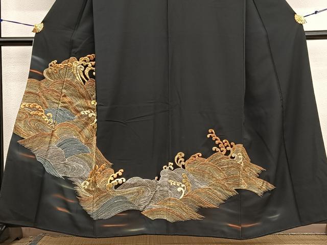 平和屋着物■豪華黒留袖 総刺繍 立波文 暈し染め 金銀糸 正絹 逸品 BAAX7013hv
