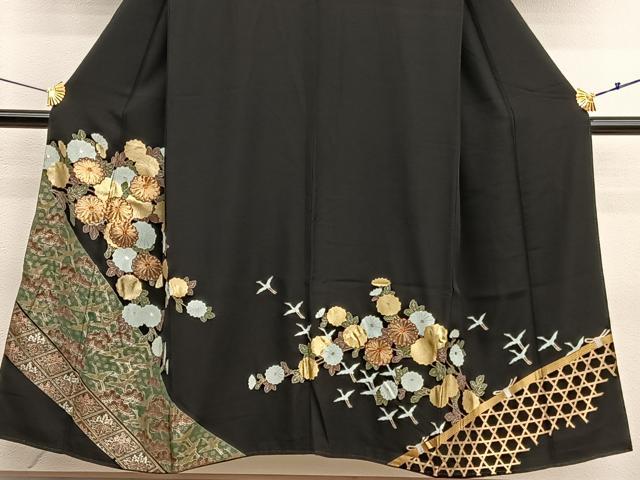 平和屋着物■豪華黒留袖 駒刺繍 飛鶴菊文 金銀彩 正絹 逸品 BAAX7028hv