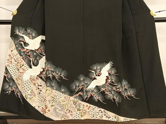 平和屋着物■豪華黒留袖 友禅 飛鶴松文 暈し染め 正絹 逸品 BAAX7349hv