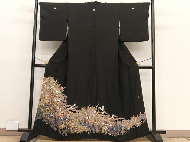 平和屋着物■豪華黒留袖 友禅 作家物 飛鶴花文 正絹 逸品 BAAX7355hv