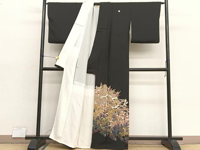 平和屋着物■豪華黒留袖 友禅 作家物 飛鶴花文 正絹 逸品 BAAX7355hv