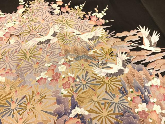 平和屋着物■豪華黒留袖 友禅 作家物 飛鶴花文 正絹 逸品 BAAX7355hv