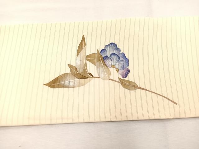 平和屋着物*華道家 楠目ちづ作 夏物 絽塩瀬 九寸名古屋帯 枝花文 銀彩 正絹 逸品 BAAX7474hv