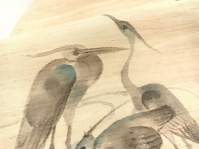 平和屋着物*夏物 九寸名古屋帯 作家物 手描き 白鷺 麻 逸品 BAAX7520hv