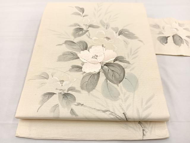 平和屋着物*夏物 九寸名古屋帯 作家物 手描き 刺繍 牡丹文 銀彩 正絹 逸品 BAAX7537hv