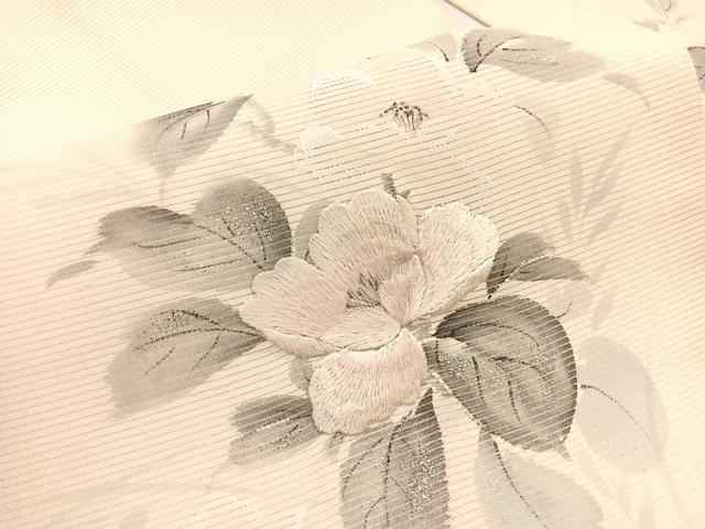 平和屋着物*夏物 九寸名古屋帯 作家物 手描き 刺繍 牡丹文 銀彩 正絹 逸品 BAAX7537hv