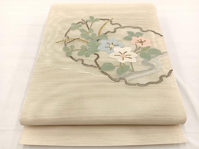 平和屋着物*夏物 八寸名古屋帯 絽綴れ 雪輪秋草文 金糸 正絹 逸品 BAAX7548hv