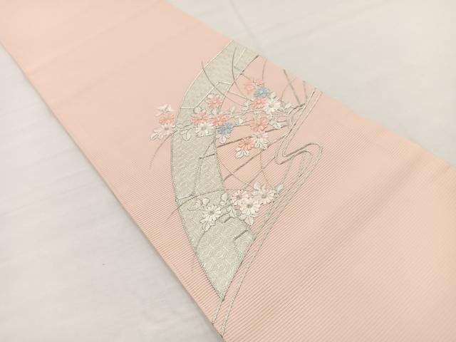 平和屋着物*夏物 九寸開き名古屋帯 駒刺繍 片輪車花文 金糸 正絹 逸品 BAAX7549hv