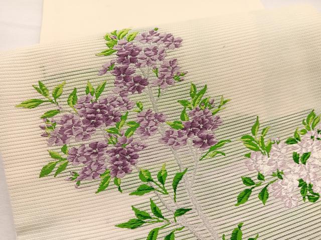 平和屋着物*夏物 九寸開き名古屋帯 唐織 枝花文 銀糸 正絹 逸品 未使用 BAAX7552hv