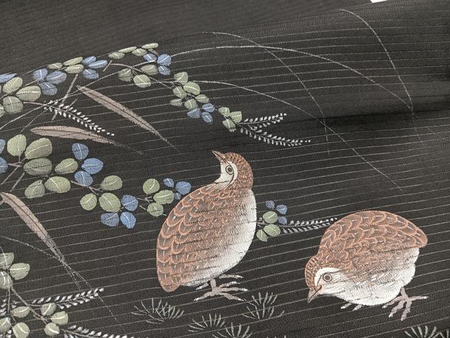平和屋着物*夏物 九寸名古屋帯 手描き 鶉 黒地 正絹 逸品 BAAX7554hv