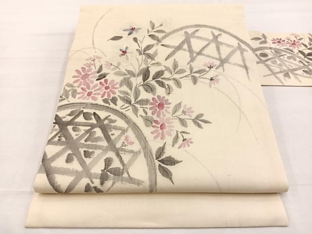 平和屋着物*夏物 九寸名古屋帯 手描き 籬花文 正絹 逸品 BAAX7563hv