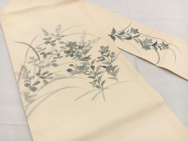 平和屋着物*夏物 九寸名古屋帯 手描き 竹屋町刺繍 秋草文 銀糸 正絹 逸品 BAAX7564hv