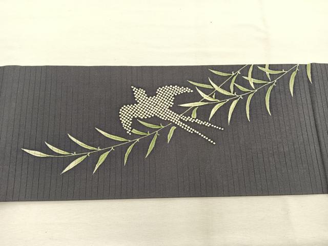 平和屋着物*夏物 絽塩瀬 九寸名古屋帯 駒刺繍 立波飛鳥文 正絹 逸品 BAAX7578hv