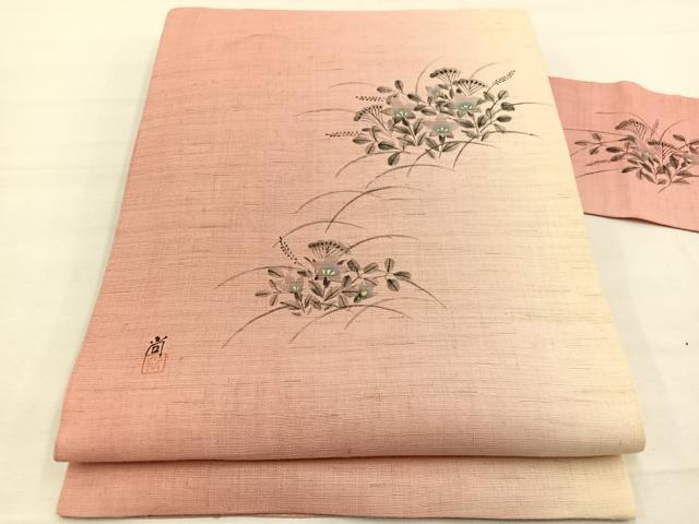 平和屋着物*夏物 九寸名古屋帯 作家物 手描き 桔梗 金彩 麻 逸品 BAAX7591hv