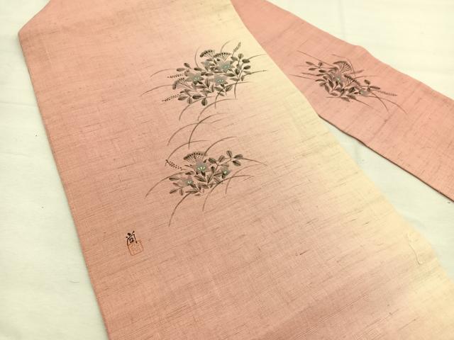 平和屋着物*夏物 九寸名古屋帯 作家物 手描き 桔梗 金彩 麻 逸品 BAAX7591hv