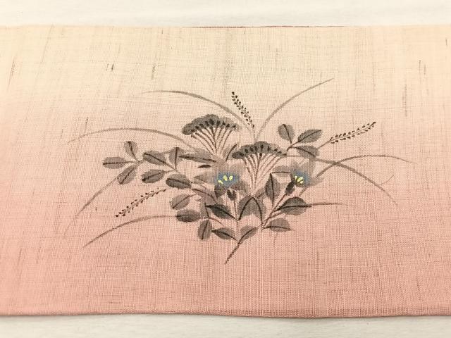 平和屋着物*夏物 九寸名古屋帯 作家物 手描き 桔梗 金彩 麻 逸品 BAAX7591hv