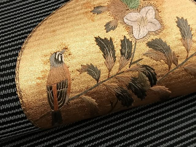 平和屋着物*夏物 八寸名古屋帯 刺繍 絽綴れ 花鳥丸文 金彩 正絹 逸品 BAAX7606hv