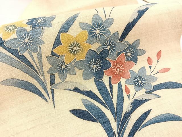 平和屋着物*夏物 九寸名古屋帯 友禅 草花文 麻 逸品 BAAX7607hv
