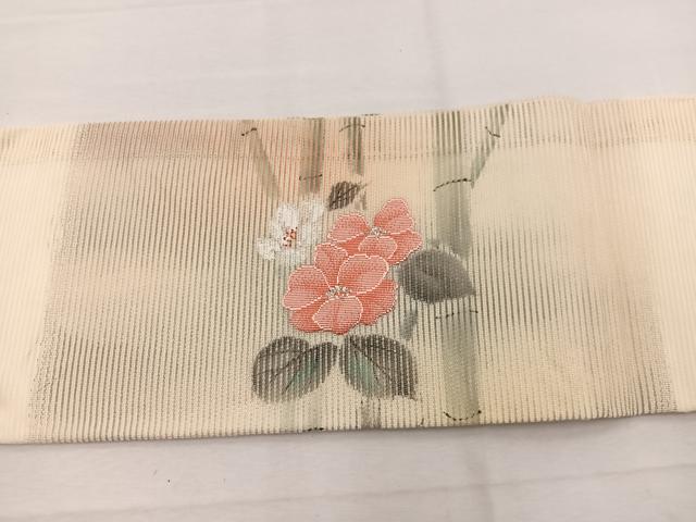 平和屋着物*夏物 九寸名古屋帯 手描き 牡丹竹文 銀糸 正絹 逸品 BAAX7633hv