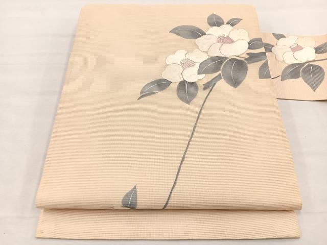 平和屋着物*夏物 九寸名古屋帯 手描き 駒刺繍 椿 銀糸 正絹 逸品 BAAX7639hv