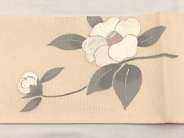 平和屋着物*夏物 九寸名古屋帯 手描き 駒刺繍 椿 銀糸 正絹 逸品 BAAX7639hv