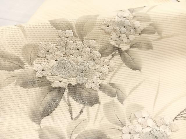 平和屋着物*夏物 九寸名古屋帯 作家物 手描き 刺繍 紫陽花 銀彩 正絹 逸品 BAAX7674hv