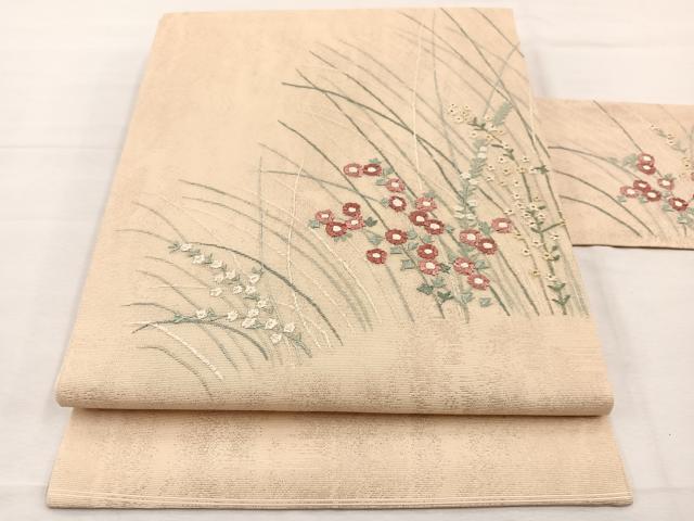 平和屋着物*夏物 九寸名古屋帯 刺繍 草花文 金糸 正絹 逸品 BAAX7675hv