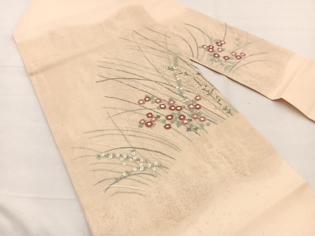 平和屋着物*夏物 九寸名古屋帯 刺繍 草花文 金糸 正絹 逸品 BAAX7675hv