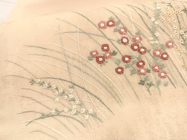 平和屋着物*夏物 九寸名古屋帯 刺繍 草花文 金糸 正絹 逸品 BAAX7675hv