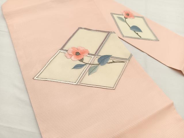 平和屋着物*夏物 九寸名古屋帯 総刺繍 駒刺繍 椿 金銀糸 正絹 逸品 未使用 BAAX7678hv