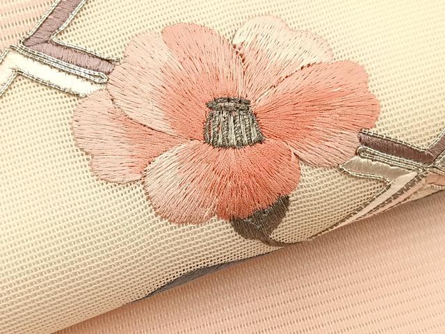 平和屋着物*夏物 九寸名古屋帯 総刺繍 駒刺繍 椿 金銀糸 正絹 逸品 未使用 BAAX7678hv