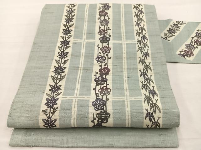 平和屋着物*夏物 九寸名古屋帯 型染め 楓笹梅文 麻 逸品 BAAX7711hv