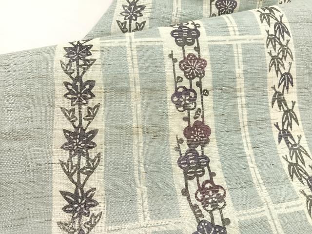 平和屋着物*夏物 九寸名古屋帯 型染め 楓笹梅文 麻 逸品 BAAX7711hv