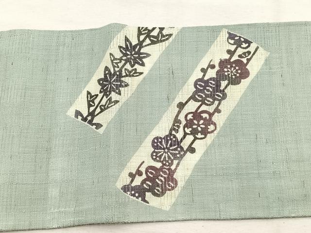平和屋着物*夏物 九寸名古屋帯 型染め 楓笹梅文 麻 逸品 BAAX7711hv