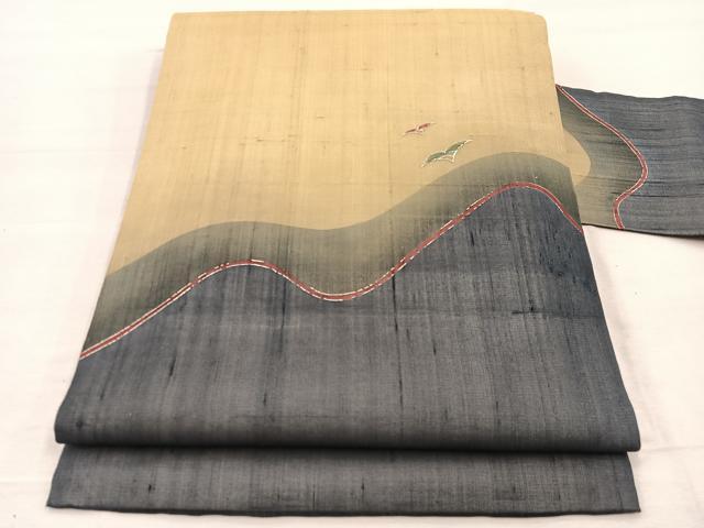 平和屋着物*夏物 九寸名古屋帯 紬地 遠山飛鳥文 銀彩 正絹 逸品 BAAX7717hv