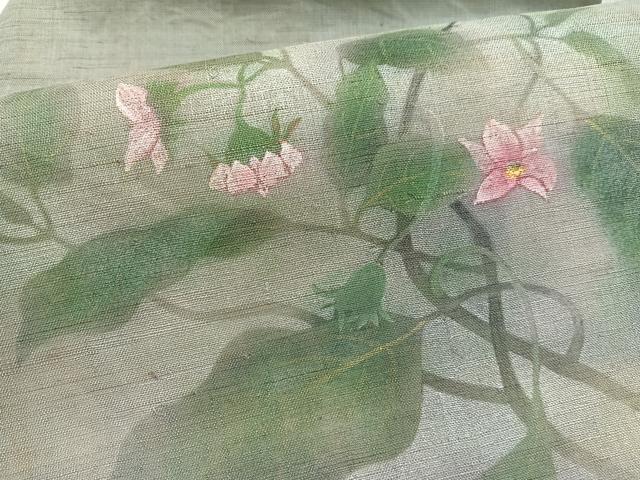 平和屋着物*夏物 九寸名古屋帯 手描き 枝花文 金銀彩 麻 逸品 BAAX7721hv