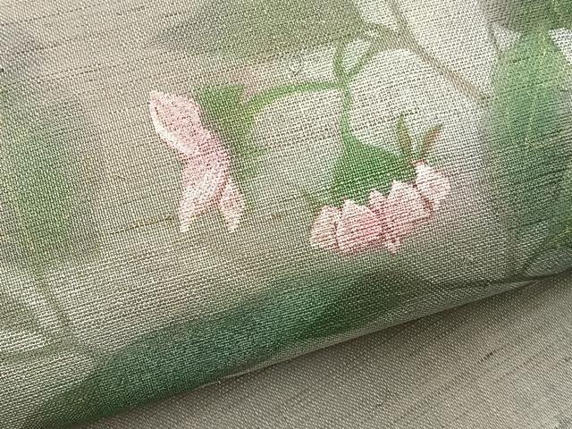 平和屋着物*夏物 九寸名古屋帯 手描き 枝花文 金銀彩 麻 逸品 BAAX7721hv