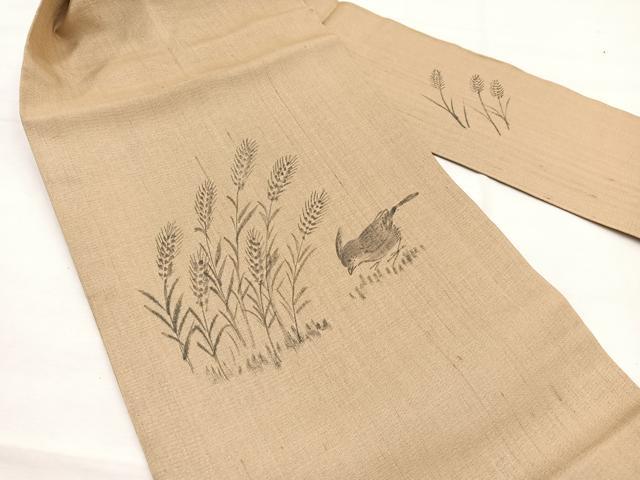 平和屋着物*夏物 九寸名古屋帯 作家物 手描き 稲穂に鳥 銀通し地 正絹 逸品 BAAX7722hv