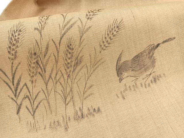 平和屋着物*夏物 九寸名古屋帯 作家物 手描き 稲穂に鳥 銀通し地 正絹 逸品 BAAX7722hv