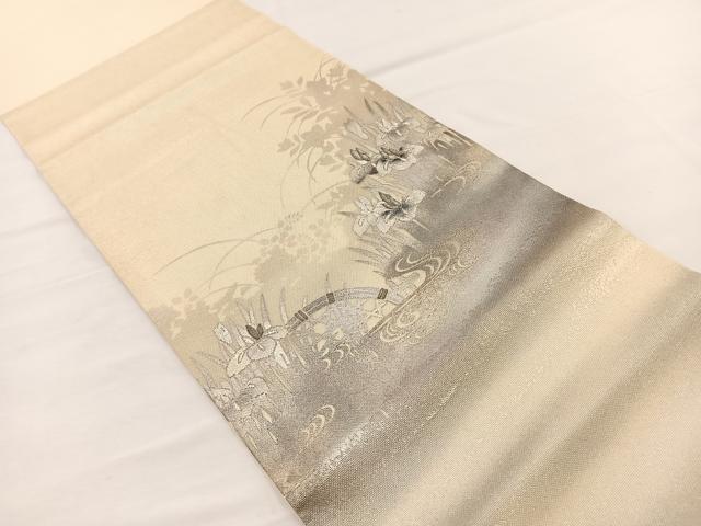 平和屋着物*夏物 九寸開き名古屋帯 刺繍 流水籬花文 銀彩 正絹 逸品 BAAX7757hv