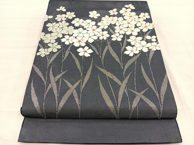 平和屋着物*夏物 九寸開き名古屋帯 唐織 草花文 銀糸 正絹 逸品 BAAX7767hv